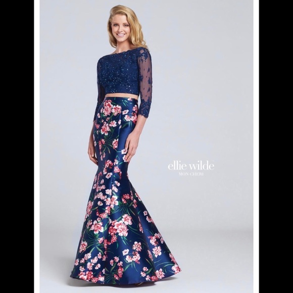 Size 6 Ellie Wilde EW117090 Long Sleeve Navy Floral 2 piece prom dress gown NWT - Picture 5 of 5